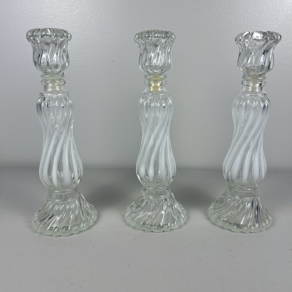 Fenton Clear and White Swirled Glass Candlesticks - Set of 3
